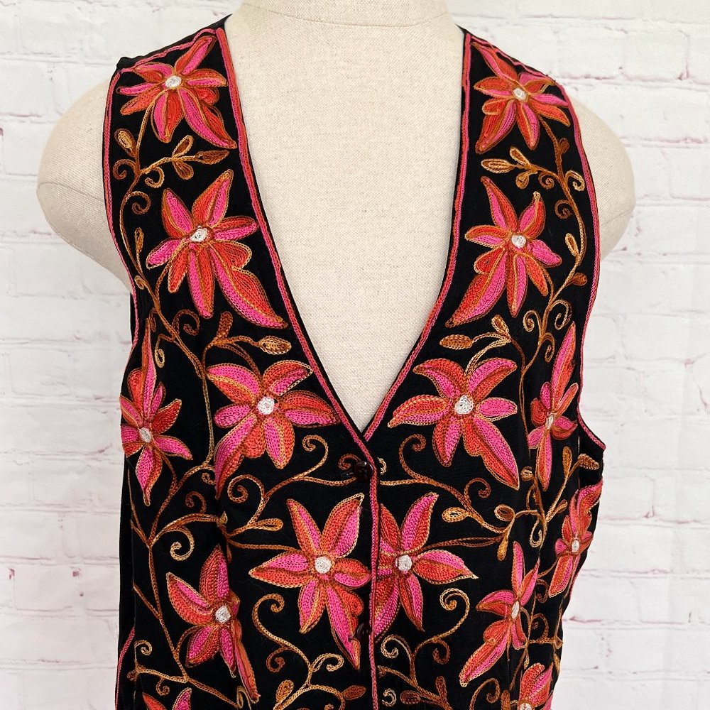 90's Boho Embroidered Vest - Pink & Black - Pier 1 Imports - One Size
